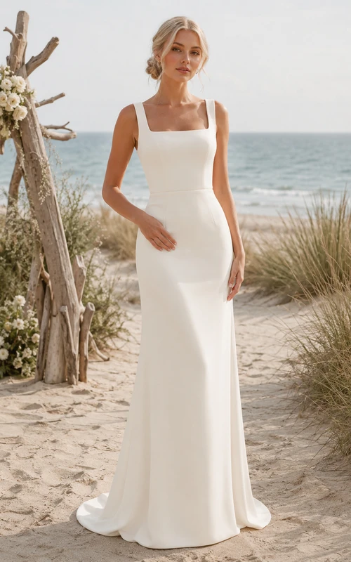 Affordable Square Strap Crepe Sheath Beach Wedding Dress