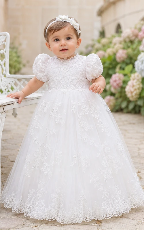 Puff Sleeve Christening Gown A-Line Lace Tulle High Neck Full Skirt