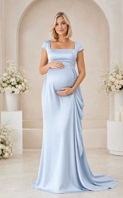 Vestido formal de satén azul cielo de lujo para embarazadas, con cuello cuadrado y mangas cortas, largo hasta el suelo.