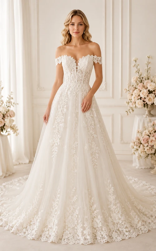 Off-the-Shoulder Lace Ball Gown Wedding Dress
