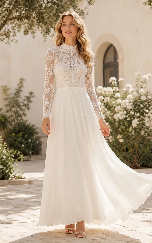 Civil Lace High-Neck Long-Sleeve A-Line Floor-Length Guest Dress