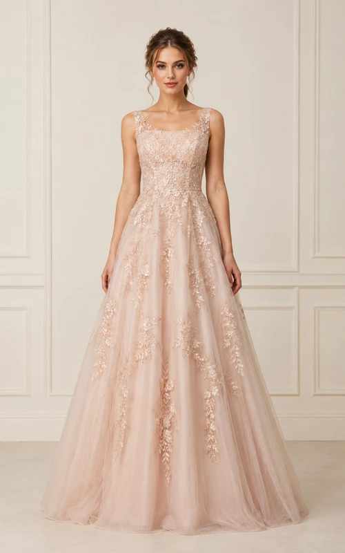 Vestido de gala de tul con apliques de encaje y escote cuadrado