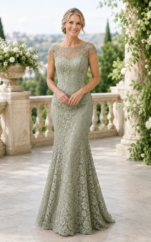 Ärmelloses Meerjungfrauen-Kleid aus Spitze in Salbeigrün