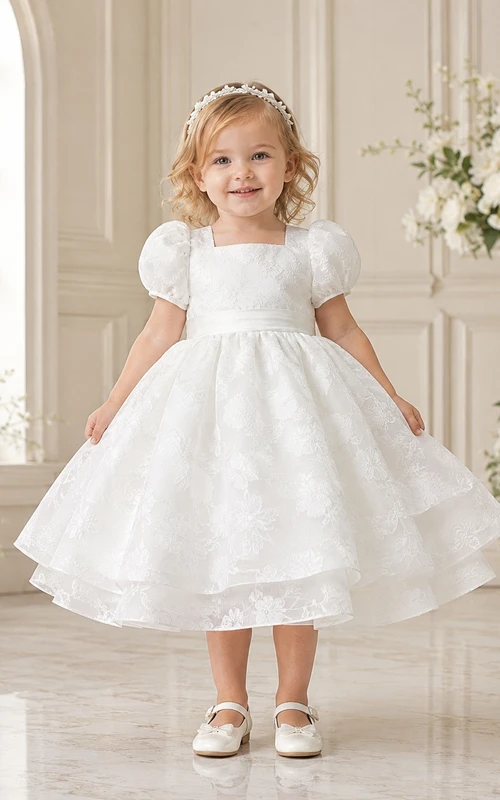 Baptism Dress A-Line Organza Tulle Square Neck Short Sleeve Bow Sash