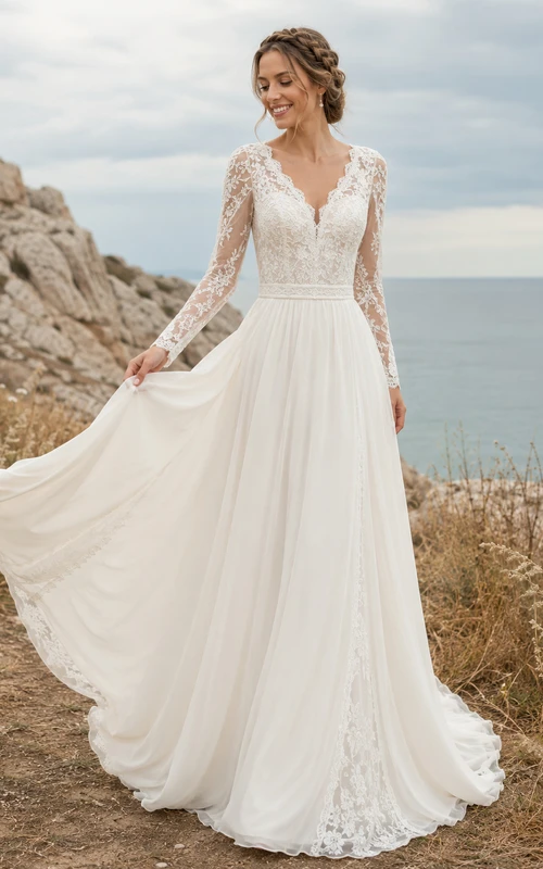Boho V Neck Long Illusion Lace Sleeve Chiffon Sweep Wedding Gown