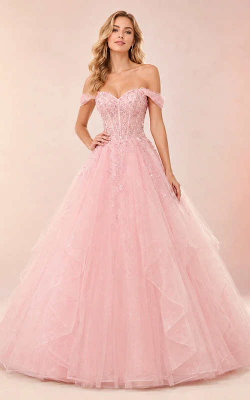 Rosafarbenes, geblümtes, schulterfreies Tüll-Ballkleid, Prinzessinnen-Abendkleid, Empfangskleid
