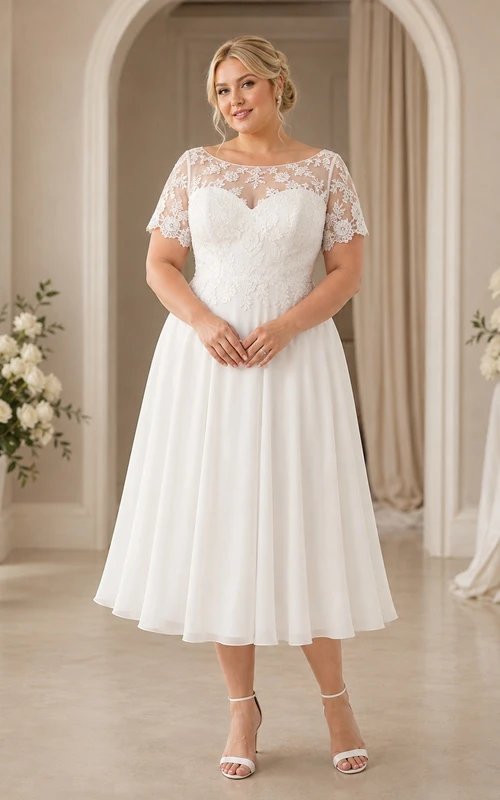 Preisgünstiges, romantisches Brautkleid in Übergröße mit Spitze, Schmucksteinen, kurzen Ärmeln, A-Linien-Schnitt und Teelänge
