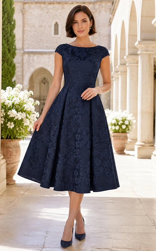 Chapel Dark Navy Bateau Lace Jacquard A-Line Tea-Length Cap Sleeve Dress