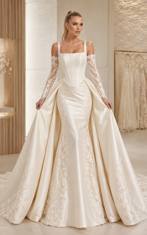 Robe de mariée sirène en satin à col carré et manches en dentelle, jupe amovible, de luxe