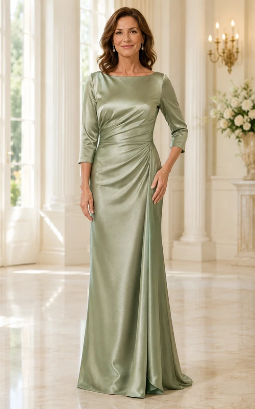 Salbeigrünes 3/4-Ärmel-Stretch-Satin-Mutterkleid mit Raffungen
