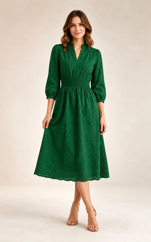 Dark Green V-Neck Long Sleeve Jersey A-Line Tea-Length Occasion Dress