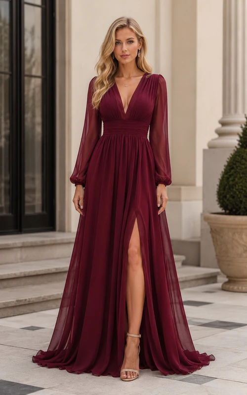 Burgundy V-Neck Long Sleeve Chiffon Evening Dress with Slit