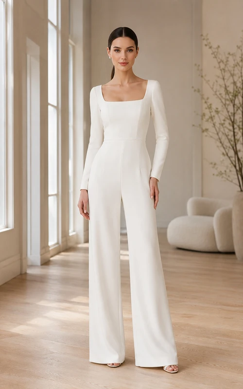 Weißer Satin-Jumpsuit mit eckigem Ausschnitt und langen Ärmeln für Hochzeiten