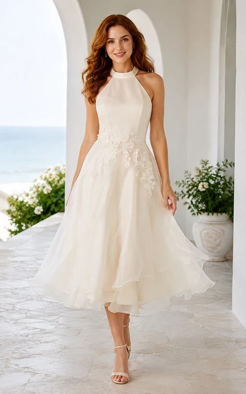 Halter Neck Sleeveless Tulle A-Line Tea-Length Beach Wedding Dress