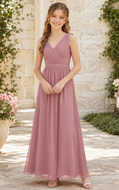 Vestido de dama de honor juvenil color rosa empolvado, corte en A, escote en V, sin mangas.