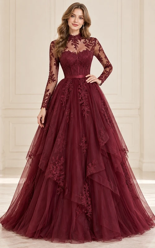 Robe de bal vintage bordeaux à col montant, manches longues en dentelle et tulle à volants