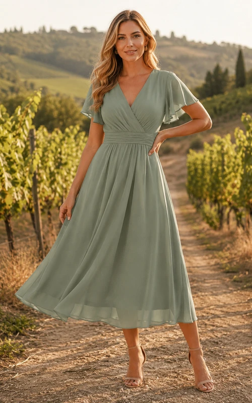 Sage Country Vineyard Wedding Guest Bridesmaid Cocktail Formal Dress A-Line Tea-Length V-Neck Short Sleeve Chiffon Zipper Back