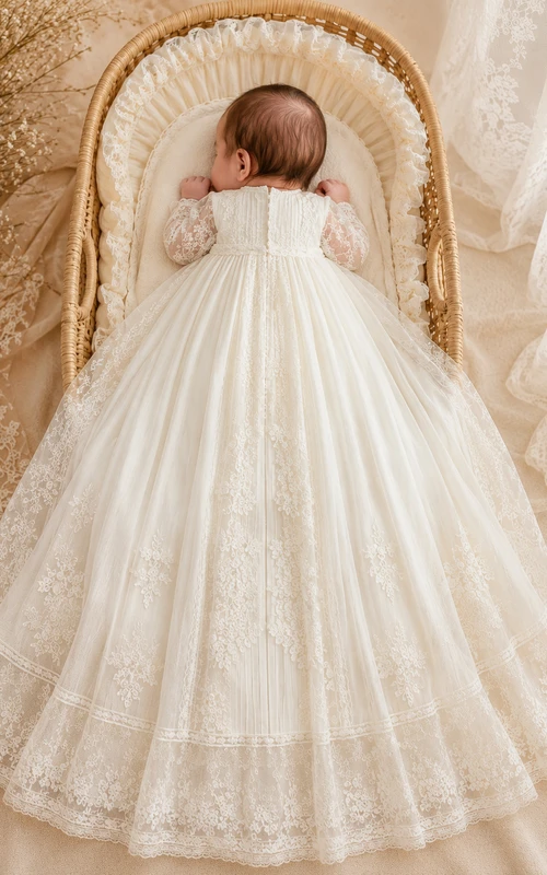 Christening Gown A-Line Lace Tulle High Neck Long Sleeve Center Applique