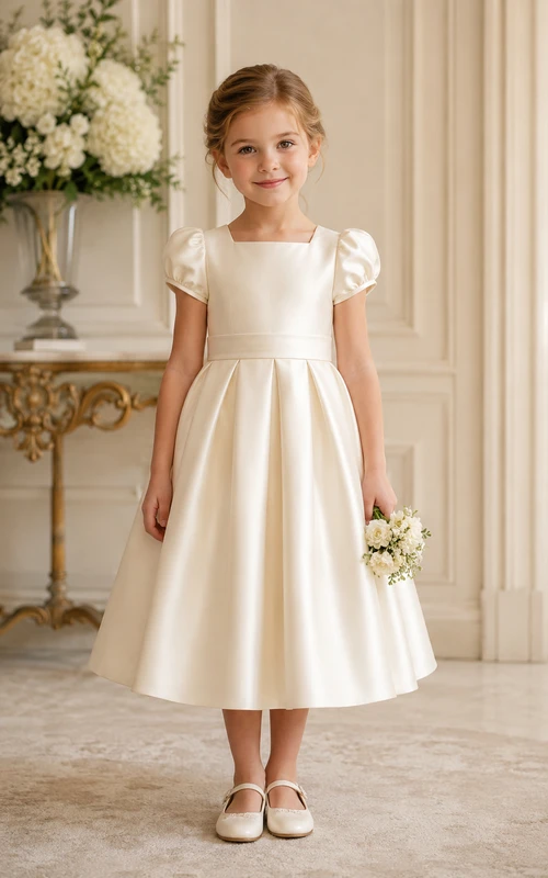 A-Linien-Kleid für Blumenmädchen aus Satin in Teelänge mit kurzen Ärmeln, aus elfenbeinfarbenem Satin, mit kurzen Ärmeln und Schleife am Rücken.