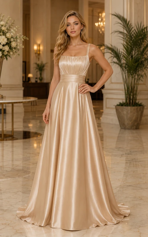 Vestido de dama de honor de talla grande en satén color champán, corte en A, con escote cuadrado, corpiño plisado y tirantes anchos.