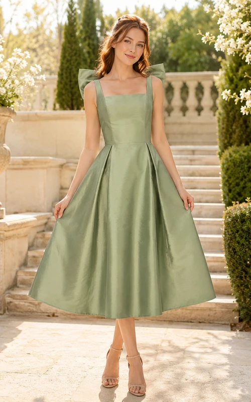 Sage Square Neck Taffeta Bow Midi Dress