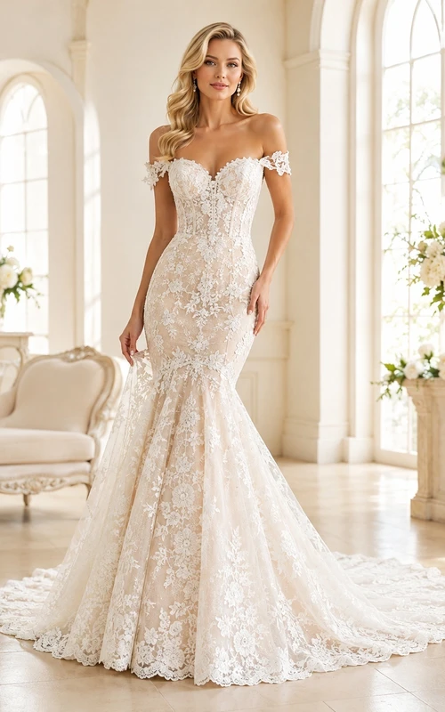 Champagnerfarbenes Brautkleid im Meerjungfrauenstil mit floraler Spitze, schulterfrei, kurzen Ärmeln und Kapellenschleppe