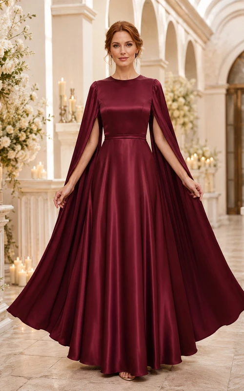 Vestido de invitada largo hasta el suelo de satén burdeos con escote barco y corte en A.