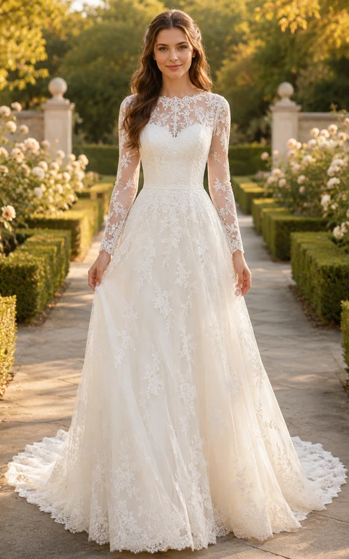 Vestido de novia mormón de corte A con cuello alto y encaje, manga larga ilusión y cola de capilla.
