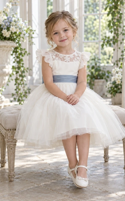 Elfenbeinfarbenes A-Linien-Kleid aus Spitze und Tüll, knielang, mit flatternden Ärmeln und blauer Schärpe, ideal für Blumenmädchen