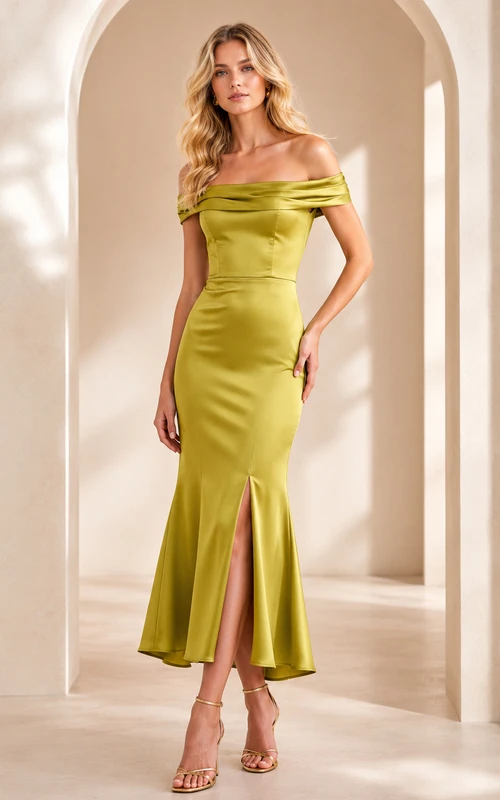 Chartreuse Off Shoulder Satin Midi Fit And Flare Cocktail Dress