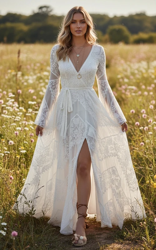 Vestido de novia largo estilo bohemio de encaje blanco con mangas acampanadas largas y abertura alta.