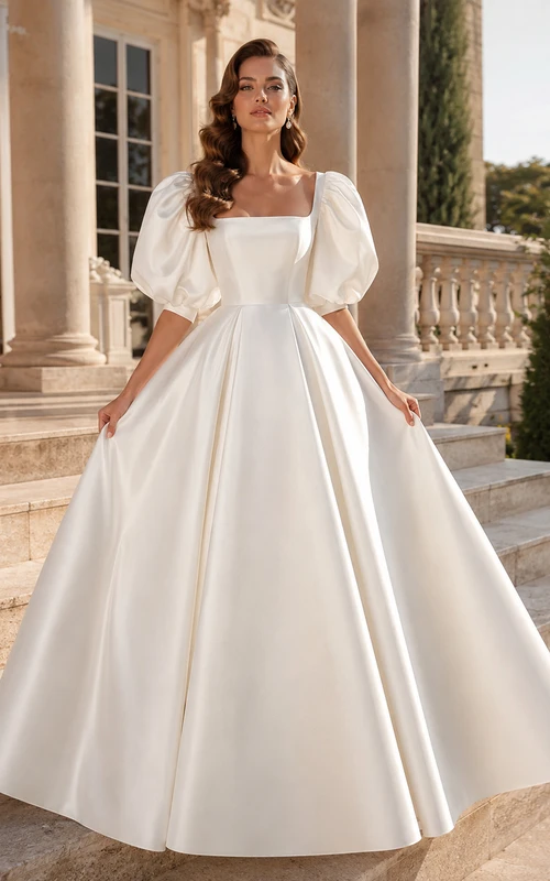 Robe de mariée de bal en satin à col carré et manches bouffantes courtes