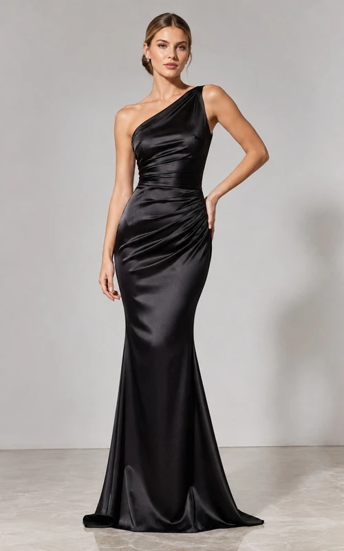 Vestido formal largo hasta el suelo, de satén negro, sin mangas y con un solo hombro, estilo sirena.