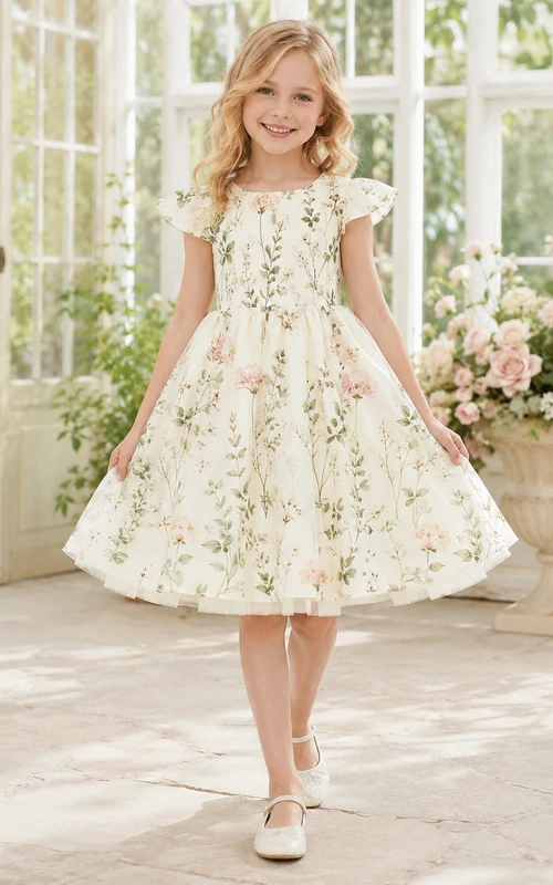 Blumenmädchenkleid mit botanischem Print, Volantärmeln, A-Linien-Silhouette aus Tüll, natürlicher Taille und wadenlangem Rock