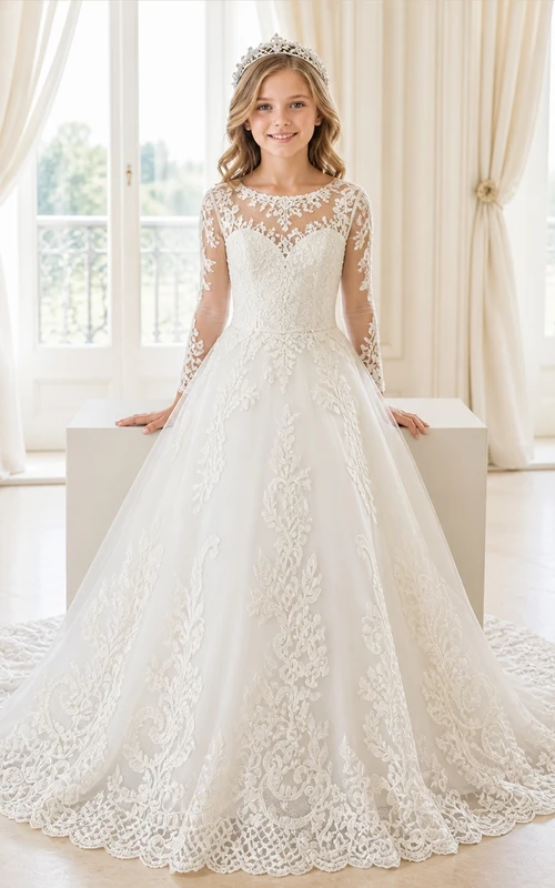 Princess A-Line Scoop Long Sleeve Floral Lace Cathedral Train Flowergirl Dress
