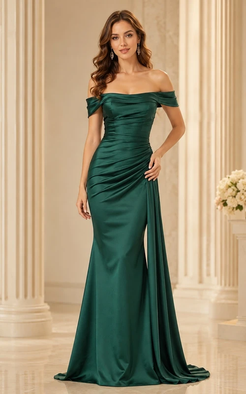 Emerald Off Shoulder Ruched Satin Mermaid Floor Length Formal Evening Gown