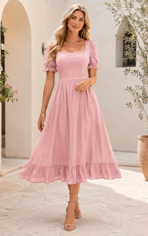 Vestido de fiesta romántico de gasa rosa ruborizada con escote cuadrado, mangas abullonadas, volantes y corte en A, largo hasta la rodilla, ideal para eventos en el jardín.