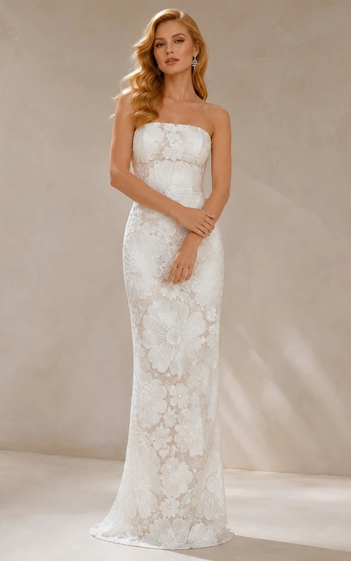Elegante vestido de noche de novia estilo sirena sin tirantes con encaje y cola larga