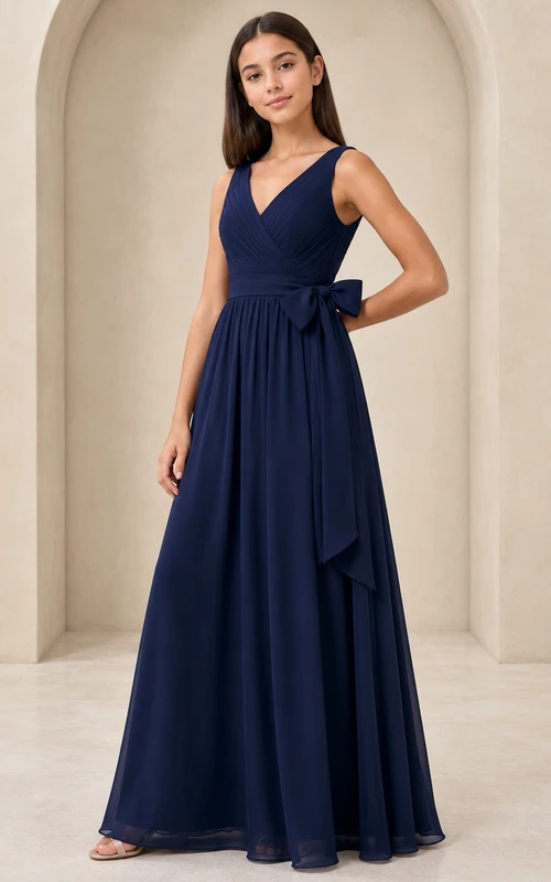 Dunkelblaues Brautjungfernkleid für junge Mädchen, A-Linie, V-Ausschnitt, ärmellos, Chiffon, Taillenschleife, elegant