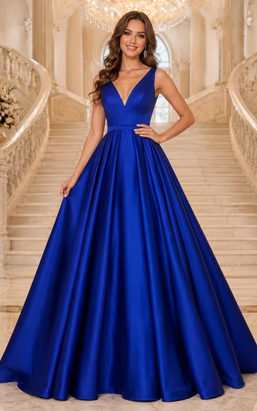 Königsblaues Ballkleid aus Satin mit V-Ausschnitt