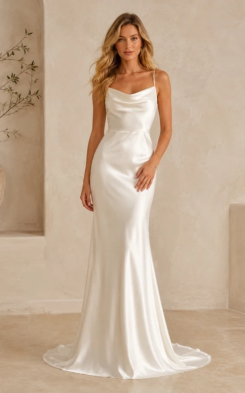 Minimal Satin Cowl Spaghetti Strap Floor-length Sweep Train Sheath Bridal Gown