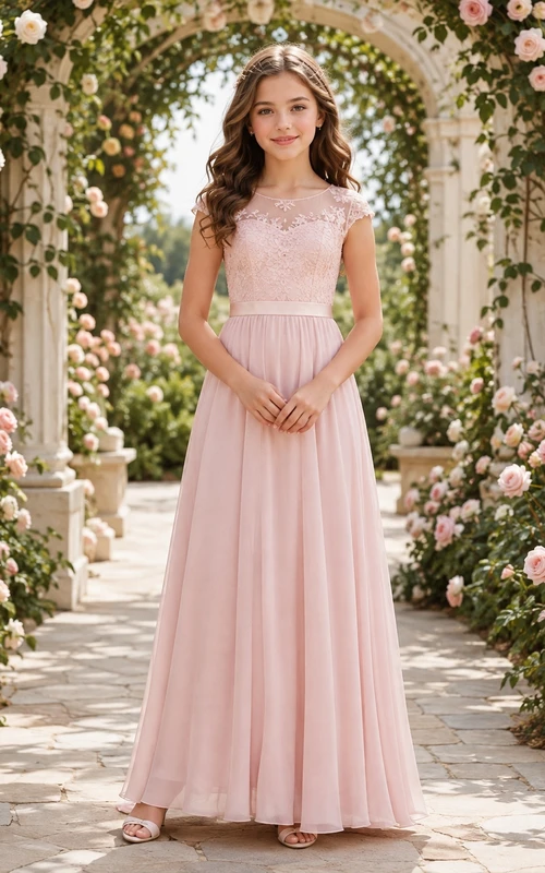 Romantisches Brautjungfernkleid in zartem Rosa mit A-Linie, kurzen Flügelärmeln und Schmuckdetails sowie Spitzendetails.