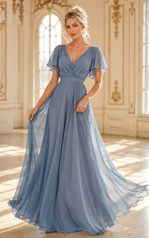 Steel Blue V-Neck Petal-Sleeve Low-V Pleated Chiffon A-Line Prom Gown
