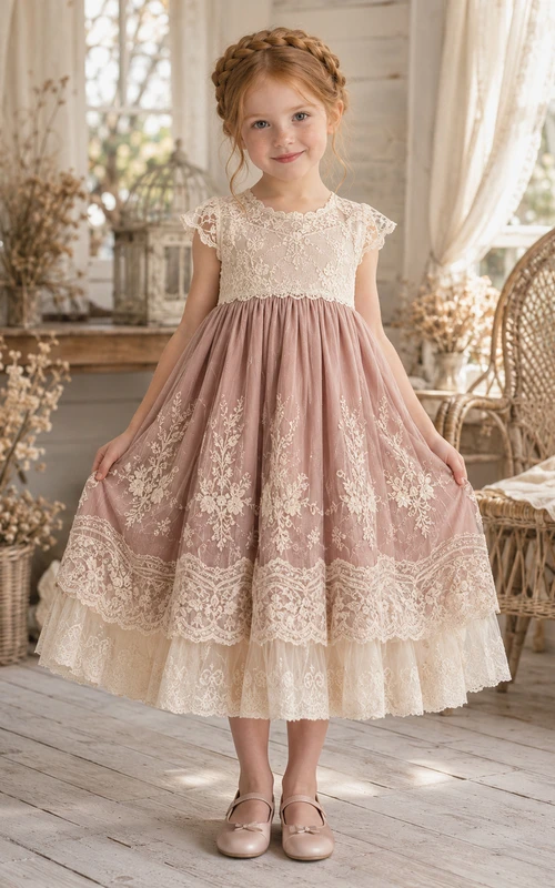 Vintage-Stufenkleid aus Spitze und Tüll für Blumenmädchen