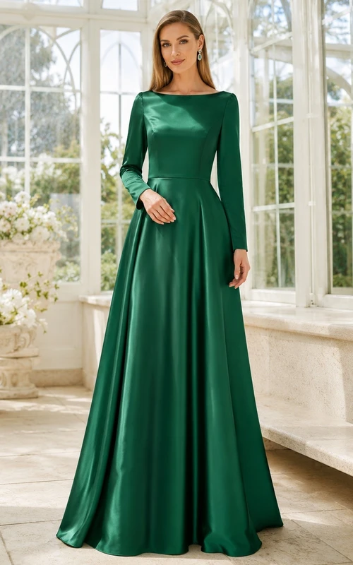 Dark Green Square Neck Long Sleeve Satin Floor-Length Evening Dress