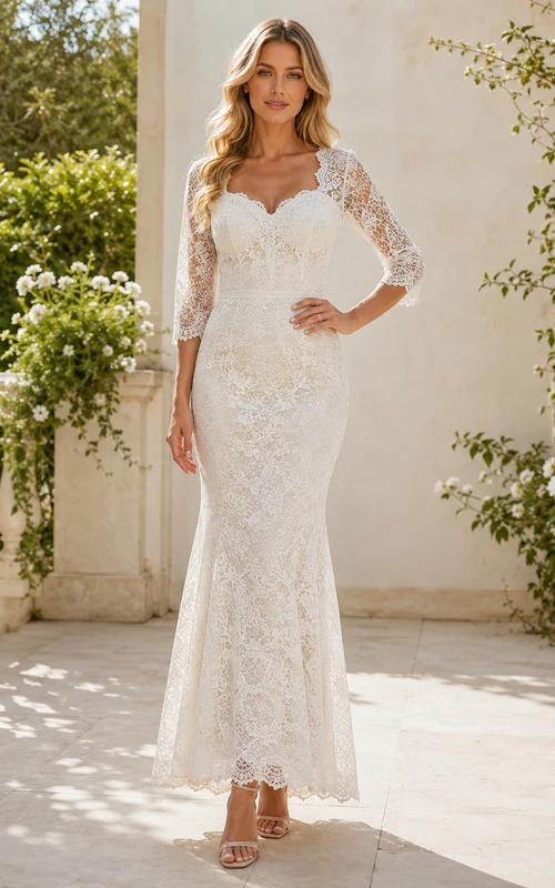 Robe de mariée civile romantique en dentelle, coupe sirène, manches trois-quarts illusion, décolleté cœur et longueur cheville