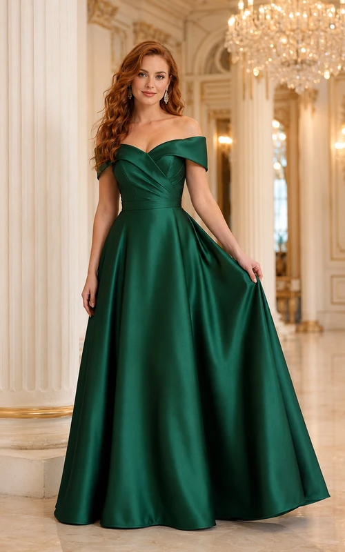 Emerald Off Shoulder Satin Ball Gown Winter Formal Dress
