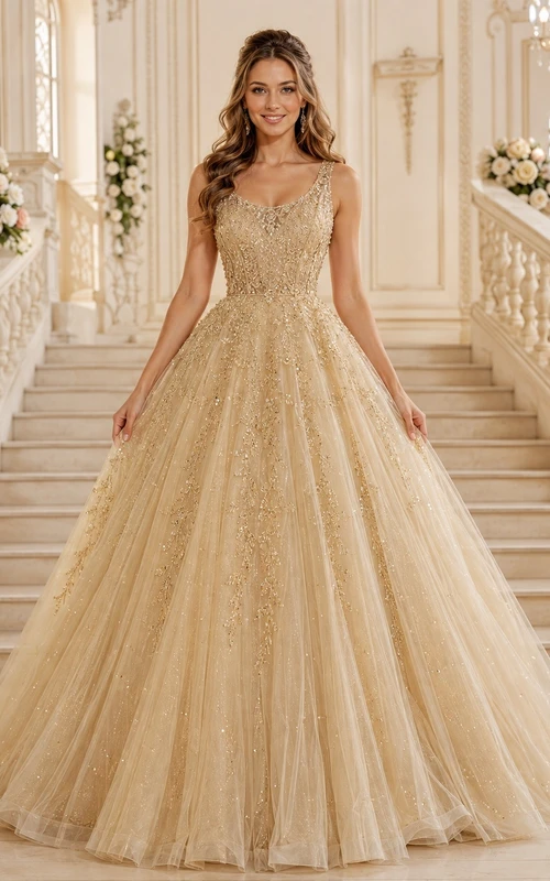 Champagne Lace Beaded Sweetheart Tulle Full Ball Gown