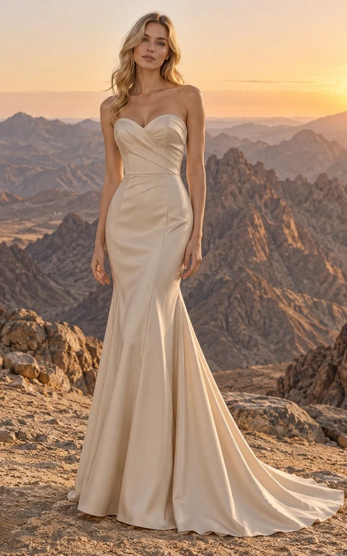 Vestido de novia sencillo estilo sirena color champán, sin tirantes, con escote corazón, corpiño drapeado de satén y cola larga.