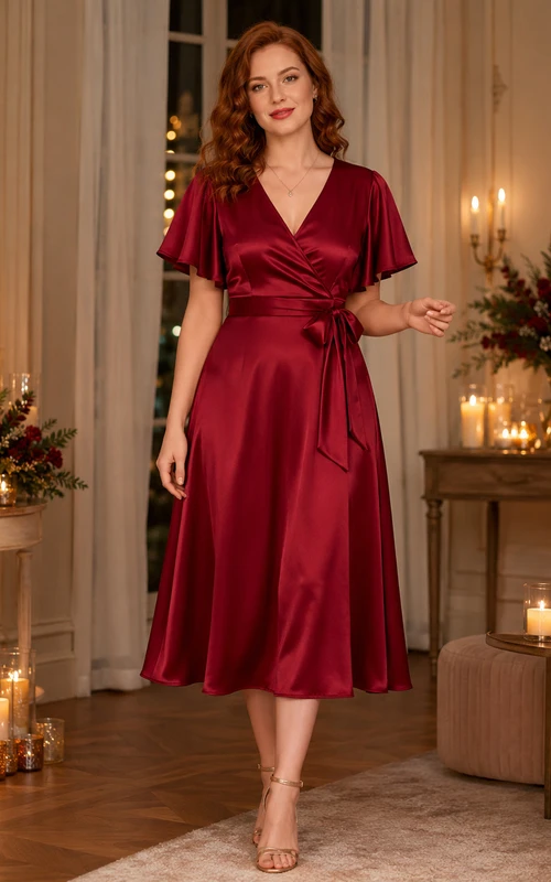 Red Flutter Sleeve Satin A Line Holiday Party Dress